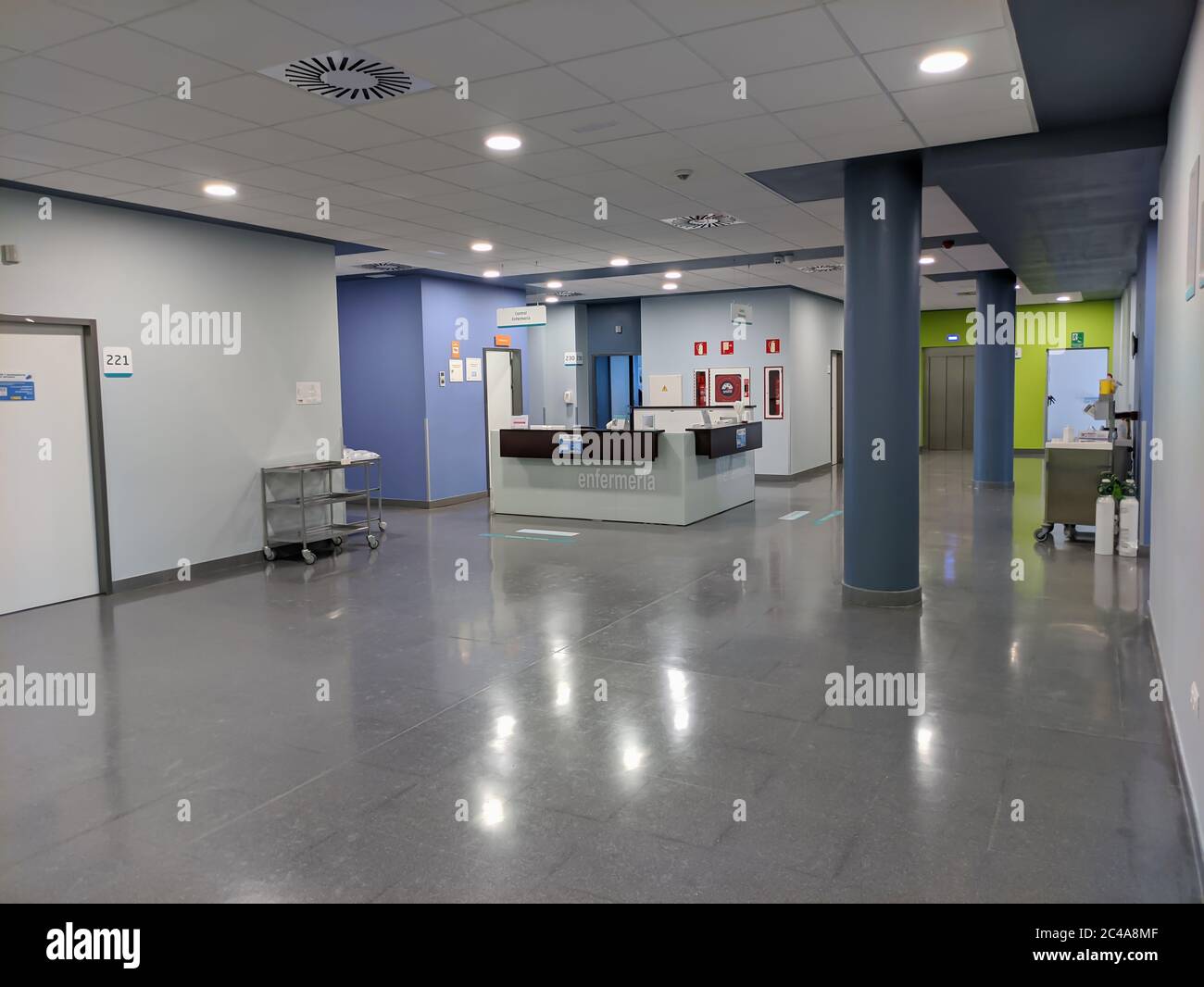 Huelva, Spain - June 16, 2020: Nurses station inside the  hospital Costa de la Luz in Huelva Stock Photo