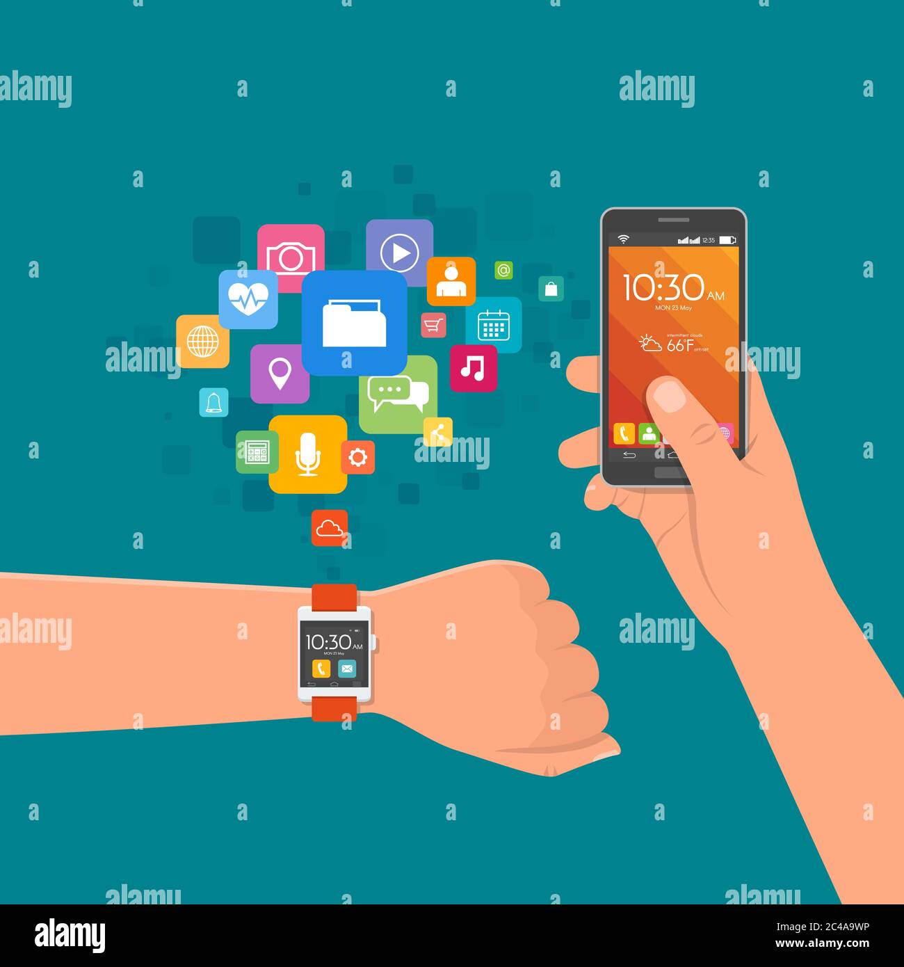 Hand with watch and smartphone. Vector illustration in flat style. Design elements, app icons