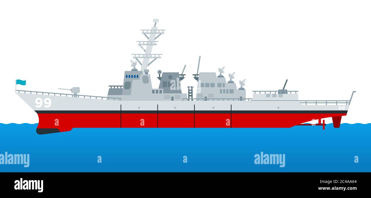 Military cruiser. Warship rides on the sea. The missile cruiser sets sail. vector icon flat isolated. Stock Vector
