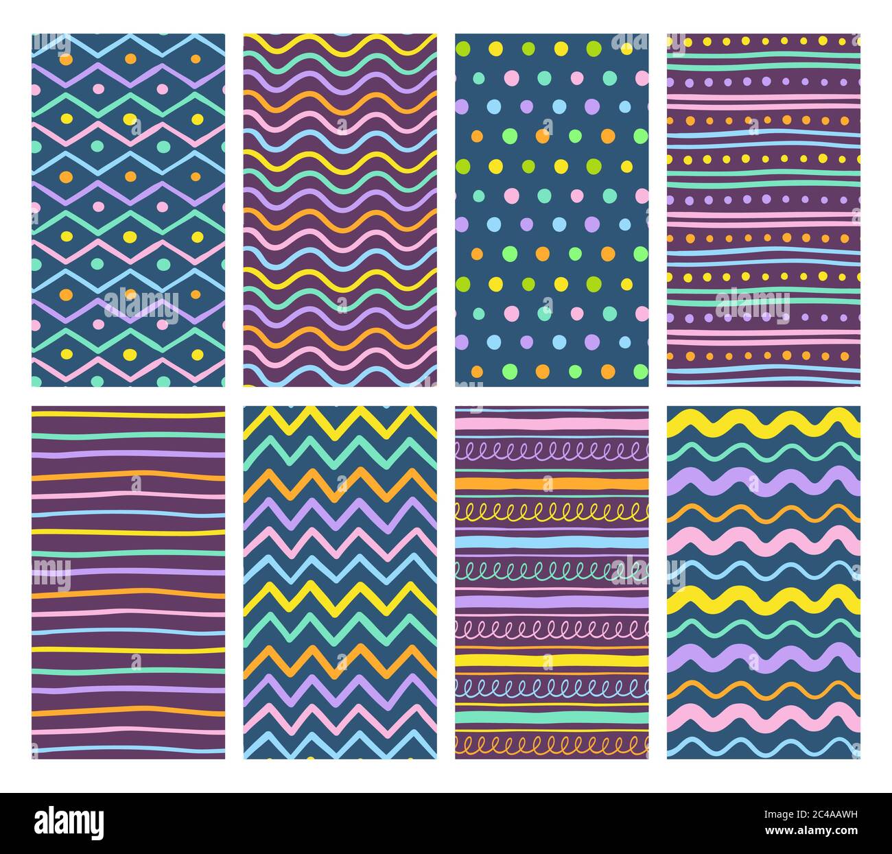 Hand drawn seamless pattern collection on dark background. Abstract lines and dots. Colorful pattern. EPS10 vector. Stock Vector