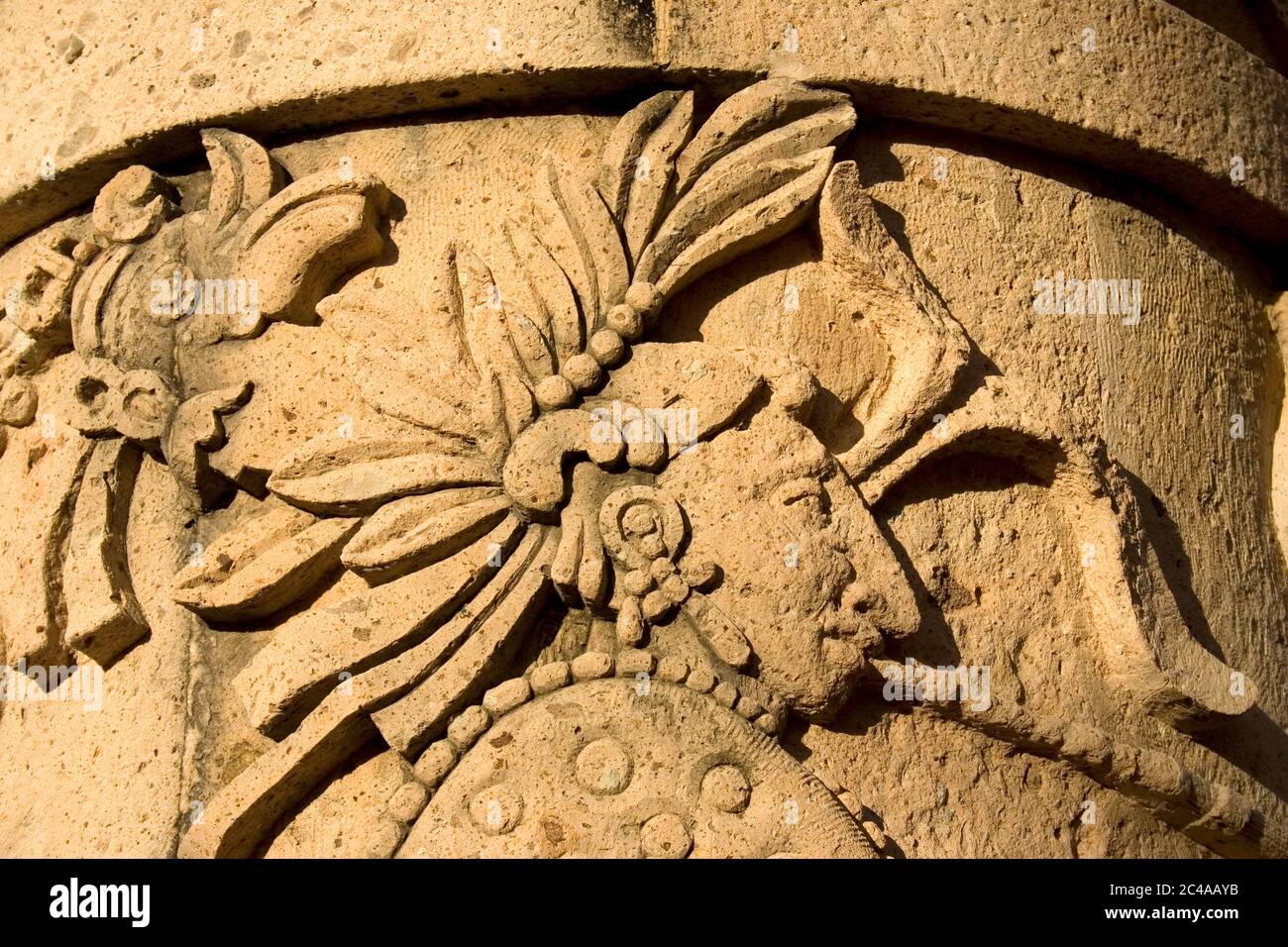 Close up of Mayanstyle stone carvings, in stone pillar, Acapulco, Mexico, North America Stock