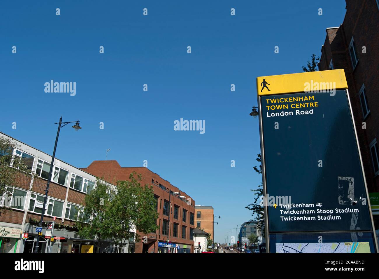 wayfinding sign in twickenham, middlesex, england, showing directions to local points of interest including twickenham stoop, stadium and station Stock Photo