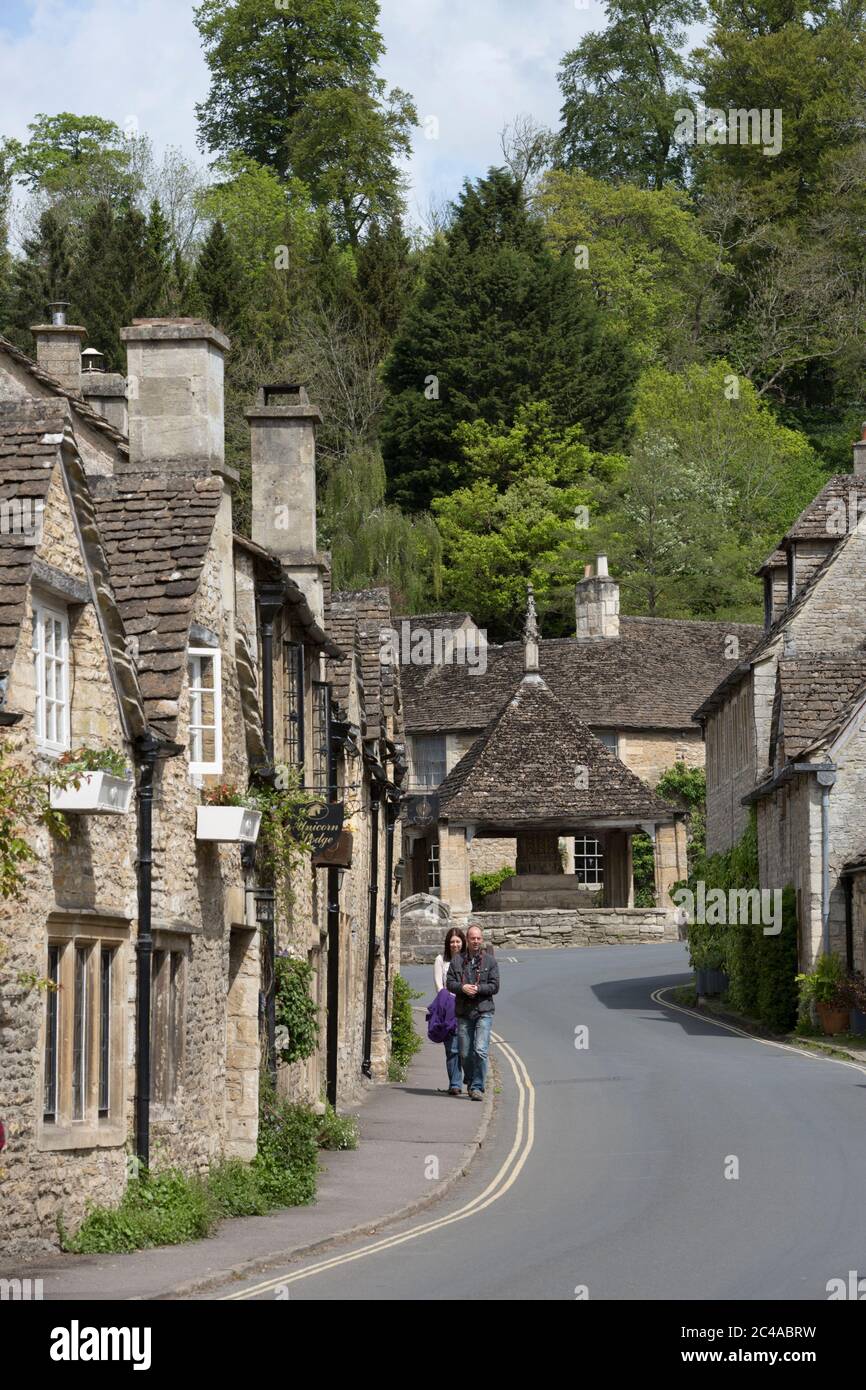View along village street, Castle Combe, Wiltshire, England, United Kingdom, Europe Stock Photo