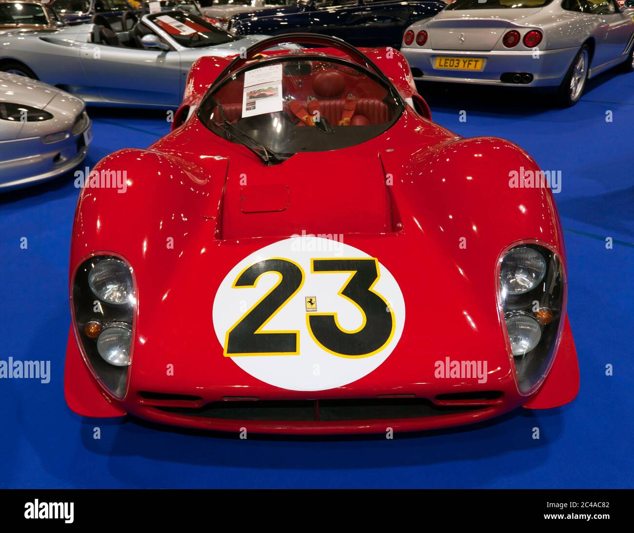 Front view of a  Red, 1967 Specification 330 P4 Evocation, in the Coys Auction Area, of the 2019 London Classic Car Show Stock Photo