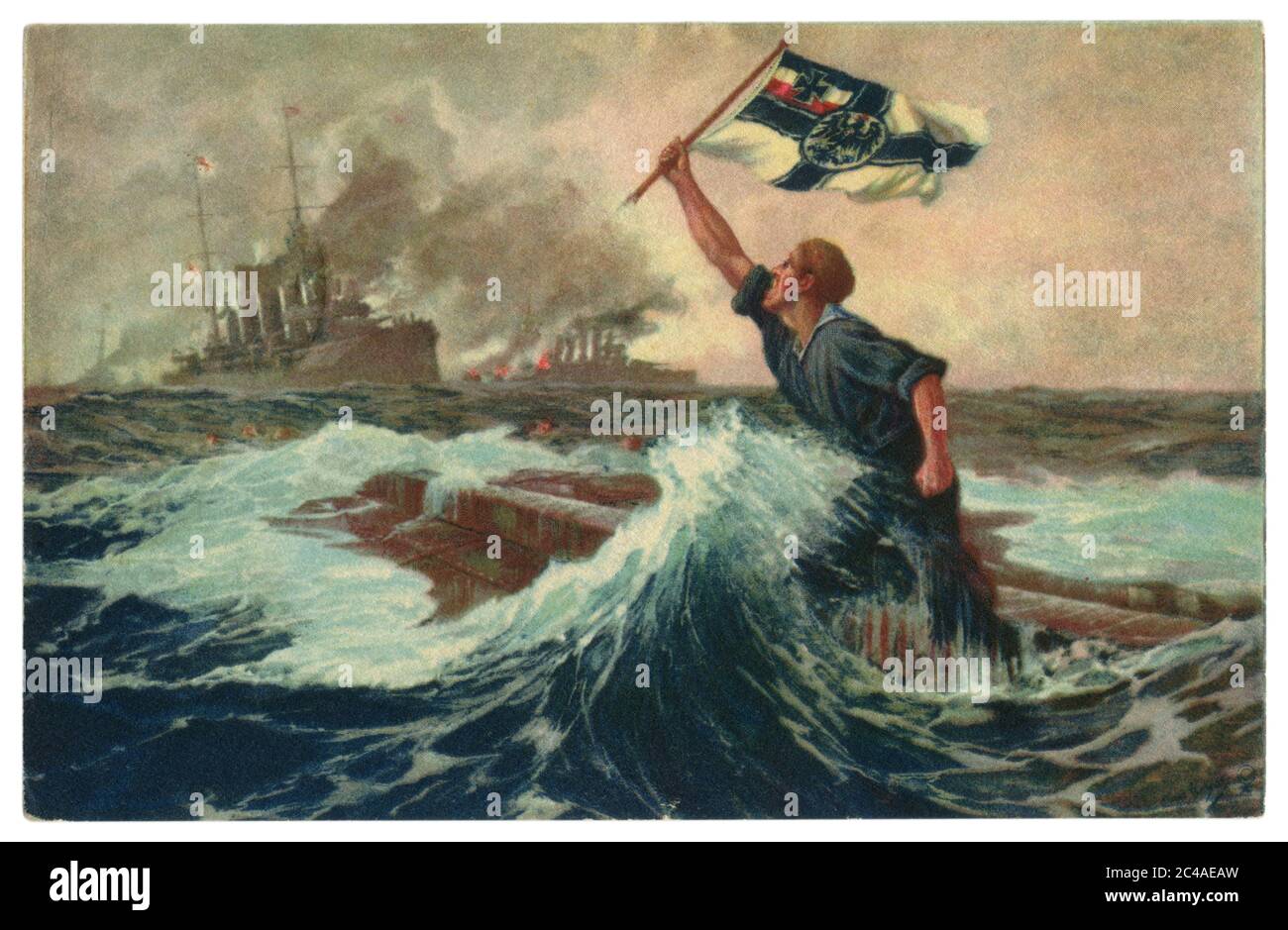 German historical postcard: A German sailor waves a flag in front of the British fleet from a sinking warship. Imperial German Navy, world war one Stock Photo