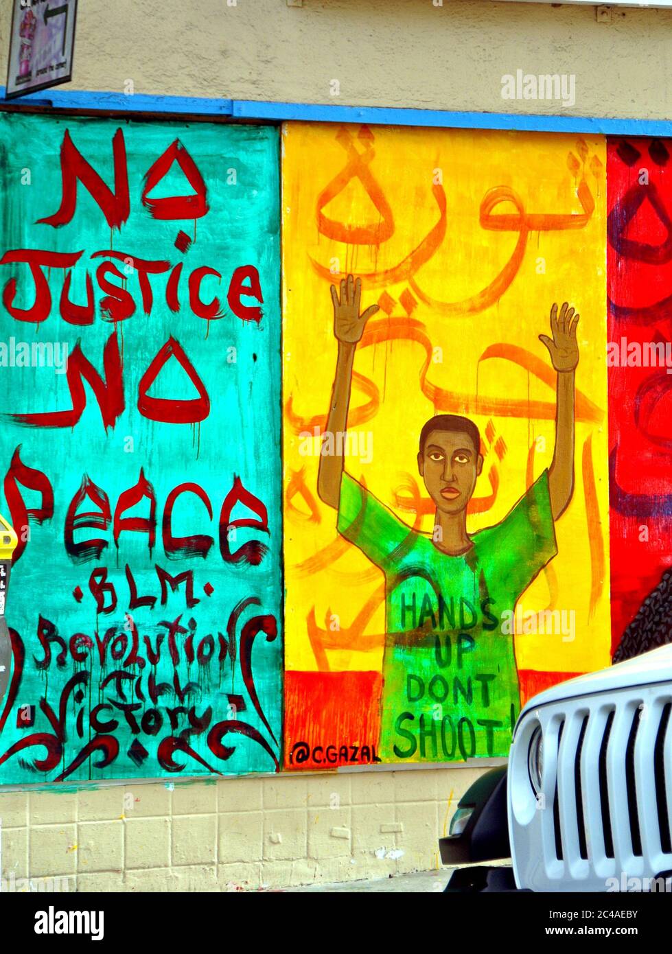 no justice no peace protest sign in the mission district of san francisco Stock Photo