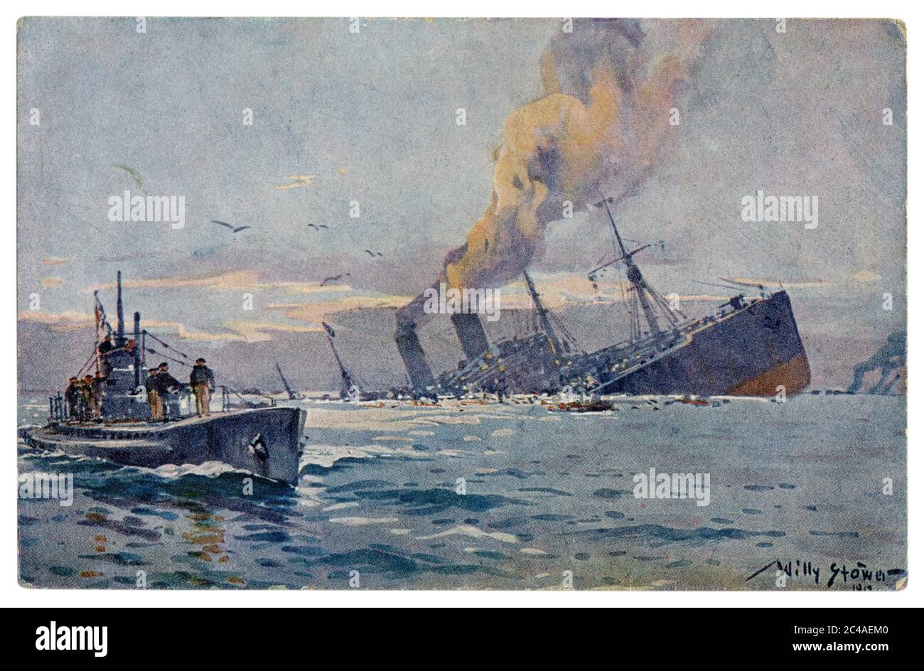 German historical postcard: Sinking of a hostile armed troop carrier by German submarine in the Mediterranean Sea, Imperial German Navy, 1917, wwi Stock Photo