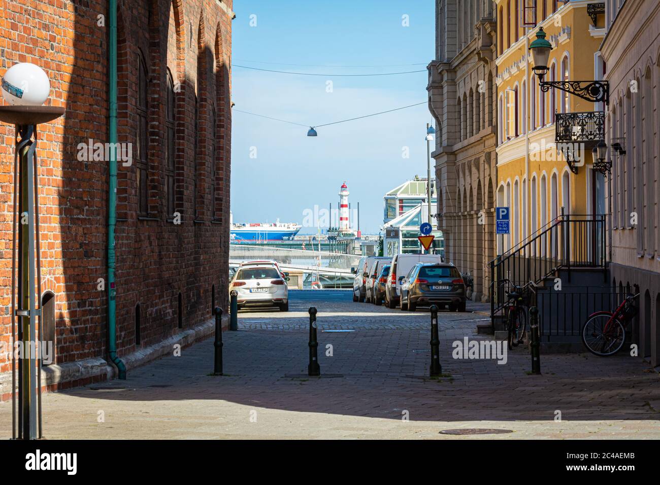 Malmo, Sweden - June 25, 2020: Business activities start to pick up after the coronavirus slows down. Cargo traffic in the harbor, to and from Germany is more intense. High-quality photo Stock Photo