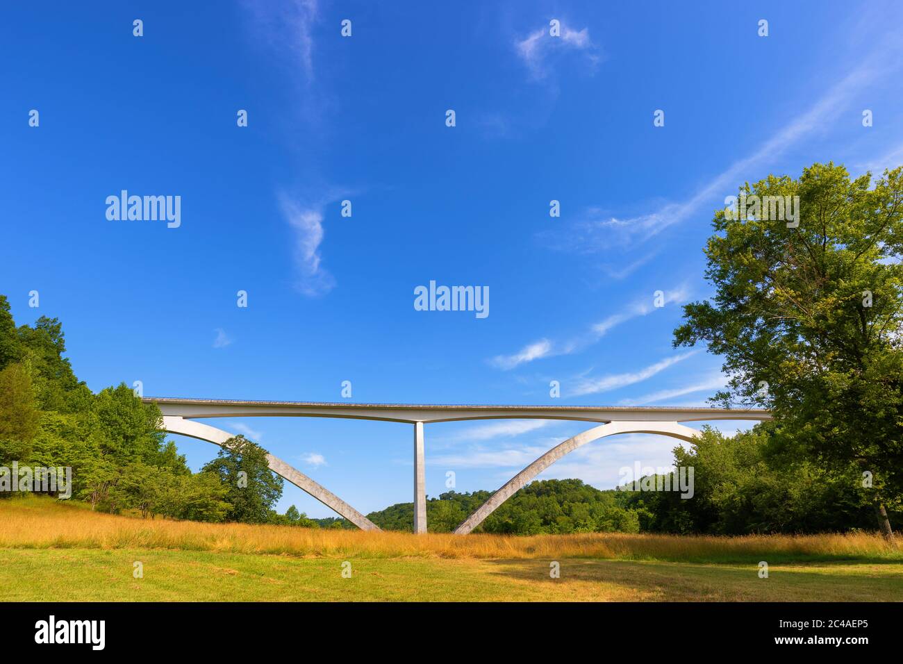 Natchez Trace Parkway Bridge is a double arch structure at the near beginning of the Historical Route in Tennessee. Stock Photo