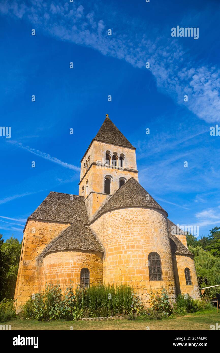 The Romanesque church, classified as a historical monument, in Saint-Leon-sur-Vezere, Dordogne, France Stock Photo