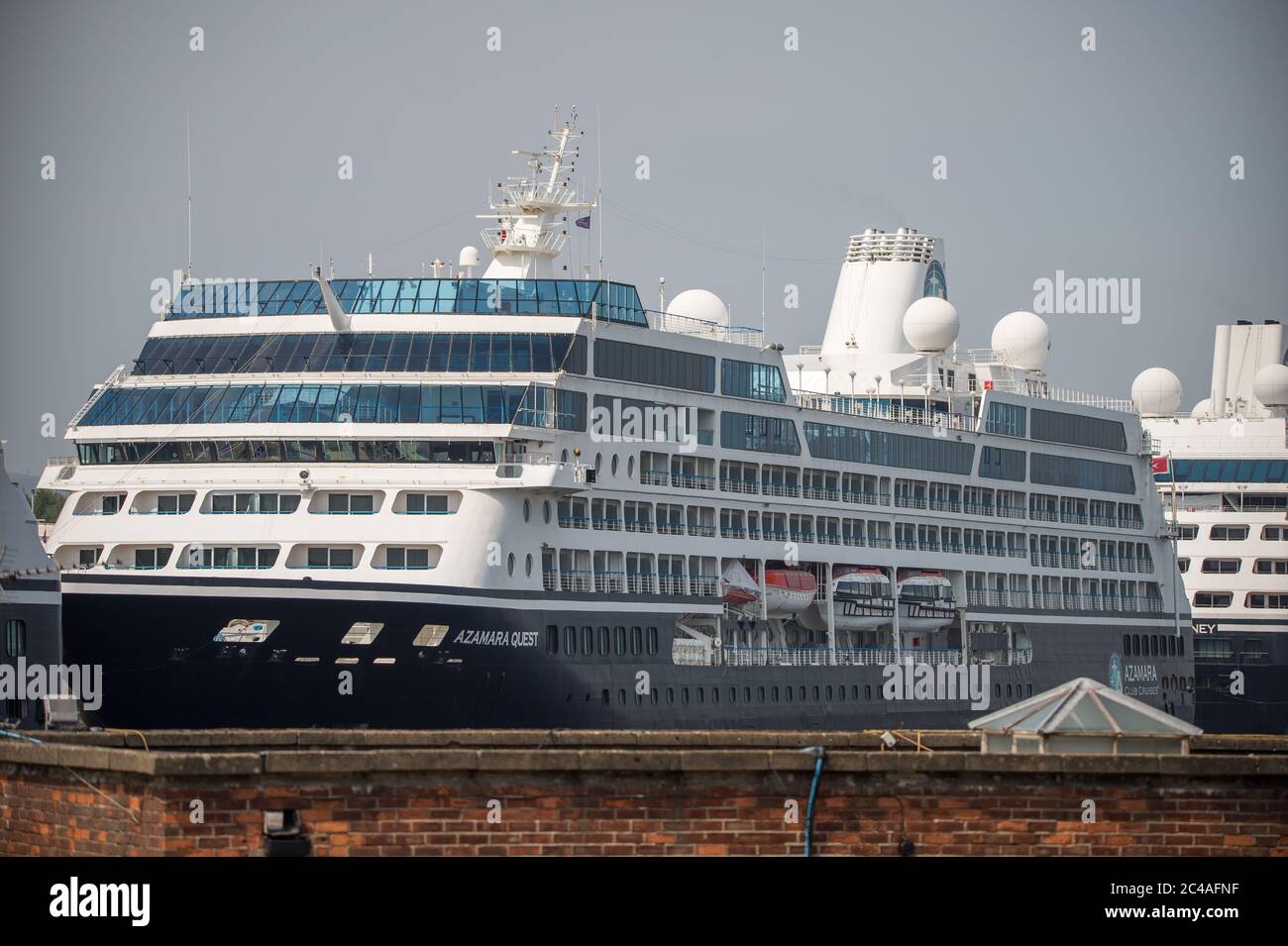 Glasgow, UK. 25th June, 2020. Picture: Azamara Quest Cruise Ship seen berthed in King George V Dock near Shieldhall in Glasgow. Due to the Coronavirus (COVID19) crisis, the cruise ships have berthed in Glasgow. Credit: Colin Fisher/Alamy Live News Stock Photo
