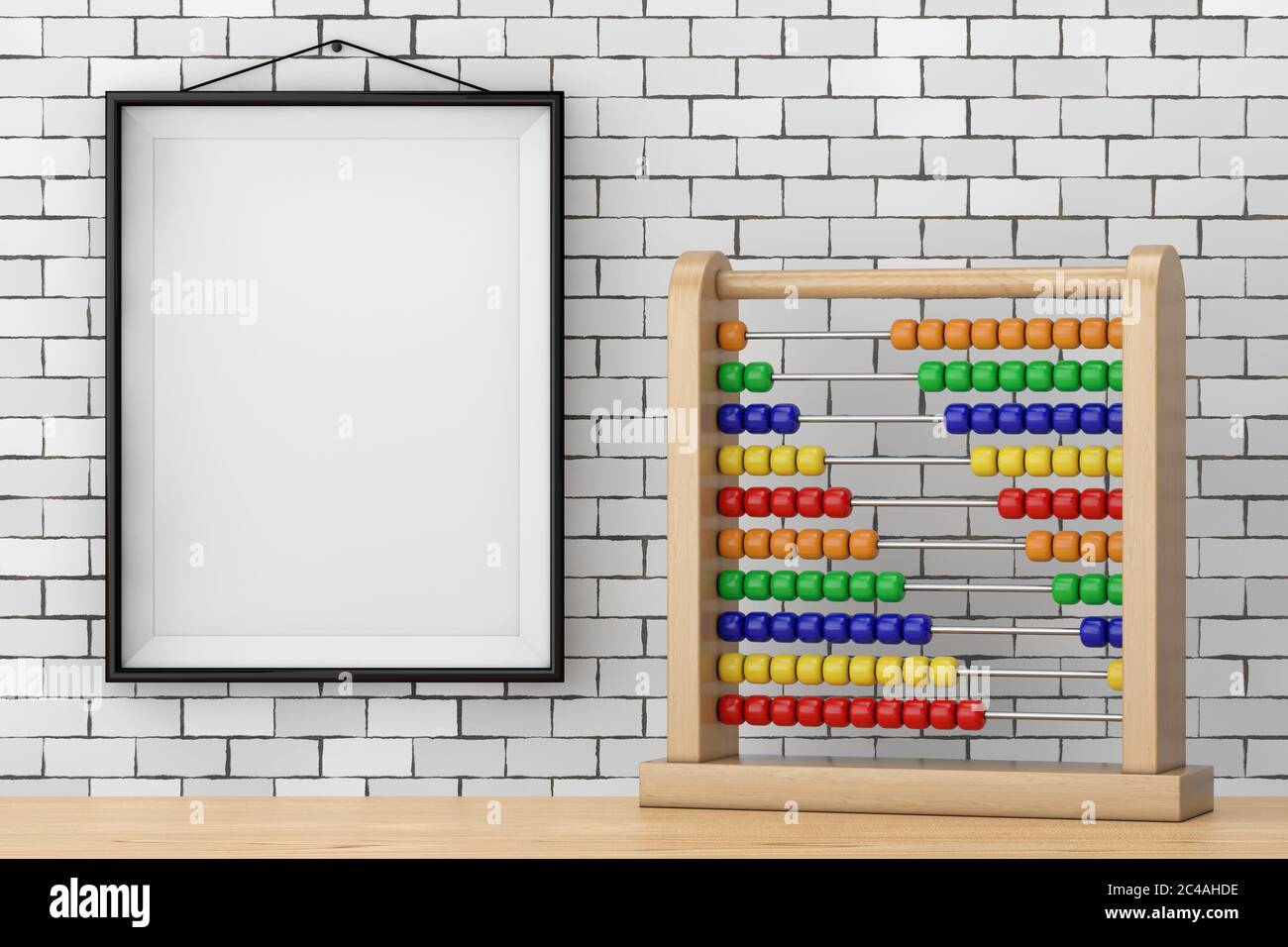 Toy Abacus with Rainbow Colored Beads in front of Brick Wall with Blank ...