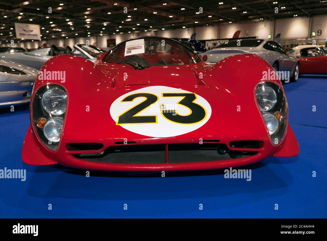 Front view of a  Red, 1967 Specification 330 P4 Evocation, in the Coys Auction Area, of the 2019 London Classic Car Show Stock Photo