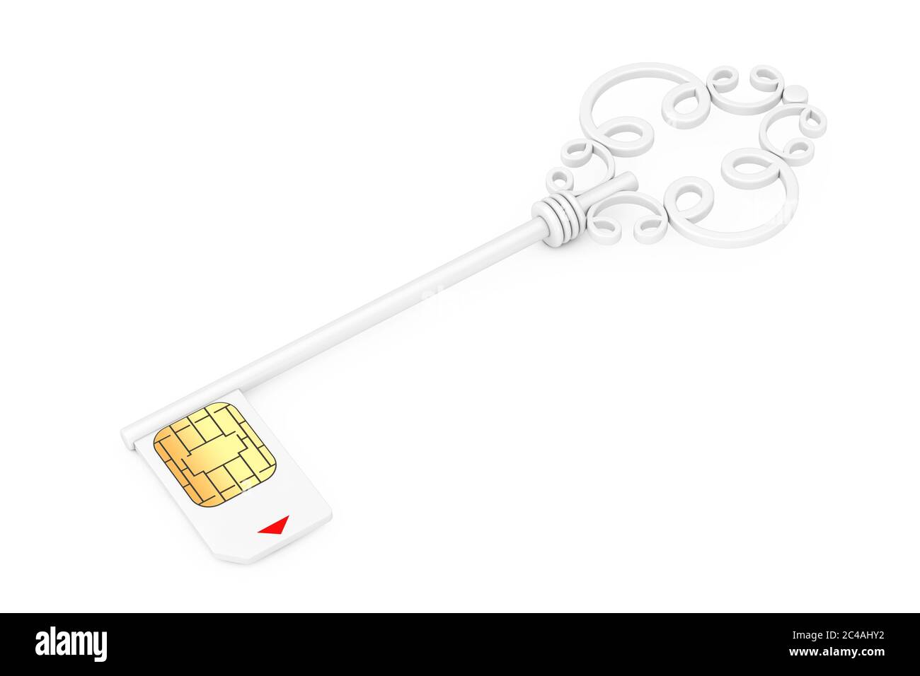 Sim Card Protection Concept. White Vintage Key with Sim Card on a white ...