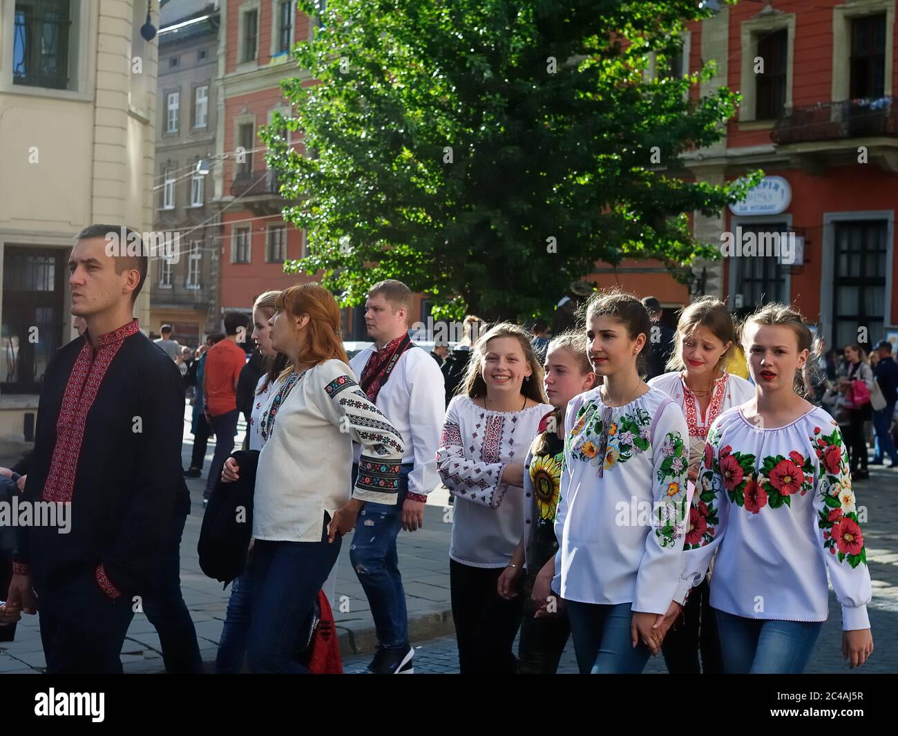 LVIV, UKRAINE - SEPTEMBER 25: Young people on the street of Lvov in Independence Day of Ukraine on September 25, 2017 Stock Photo