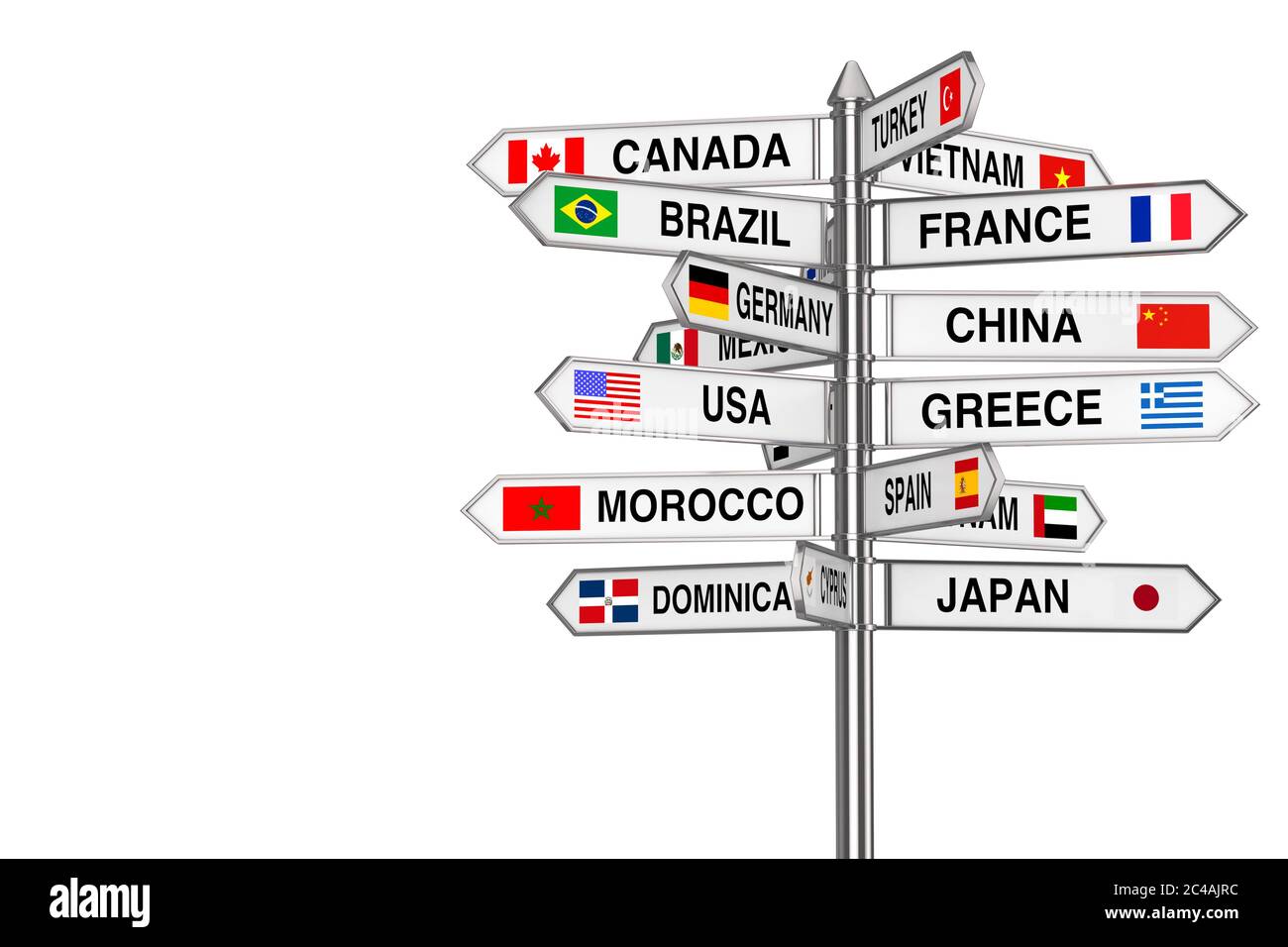 Travel Concept. Signpost with Various Countries Names and Flags on a white background 3d Rendering Stock Photo