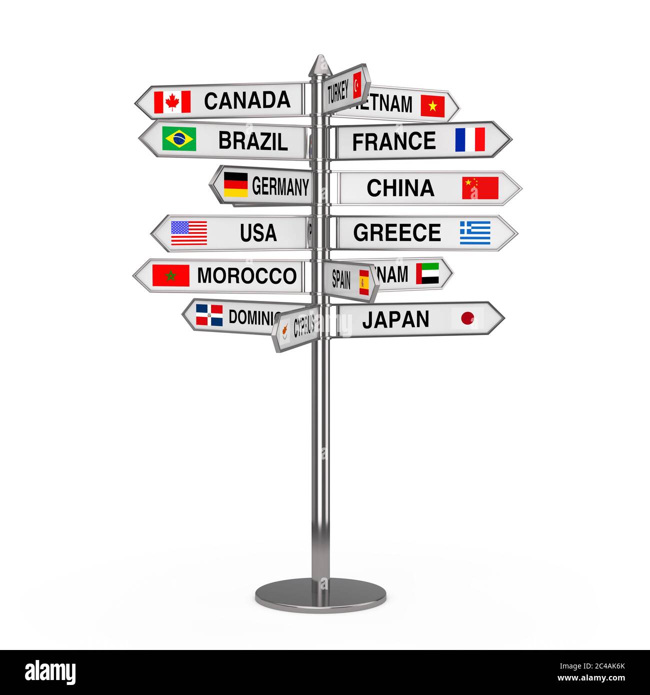 Travel Concept. Signpost with Various Countries Names and Flags on a white background 3d Rendering Stock Photo
