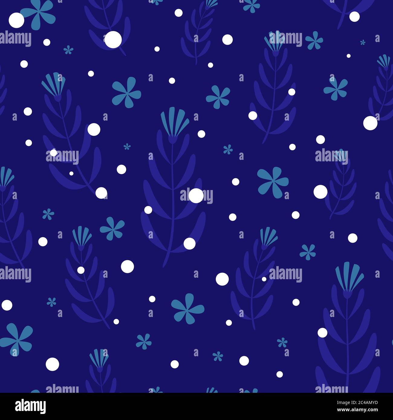 Abstract floral seamless pattern. Leaves and flowers on rich blue ...