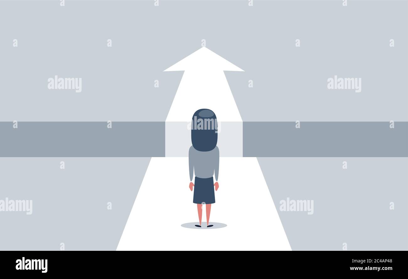 Business challenge and solution vector concept with businesswoman standing over big gap. Symbol of overcoming obstacles, strategy, analysis Stock Vector