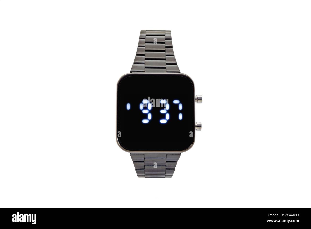 Square smartwatch with black metal bracelet, black dial face and digital numerals, isolated on white background. Stock Photo