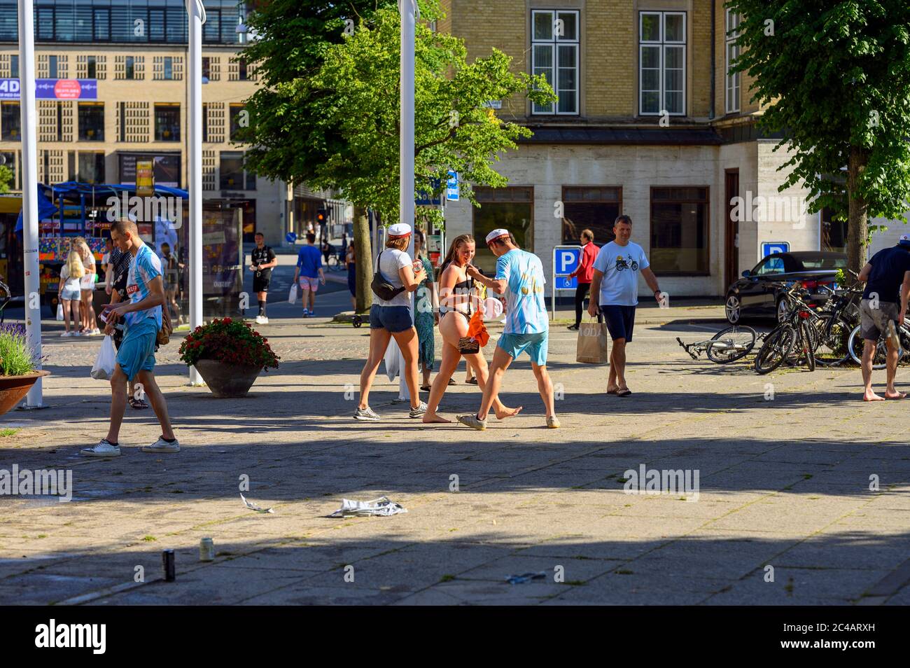 Some high school students gathered together to celebrate finishing high school in Arhus, Denmark on 25 June 2020 Stock Photo