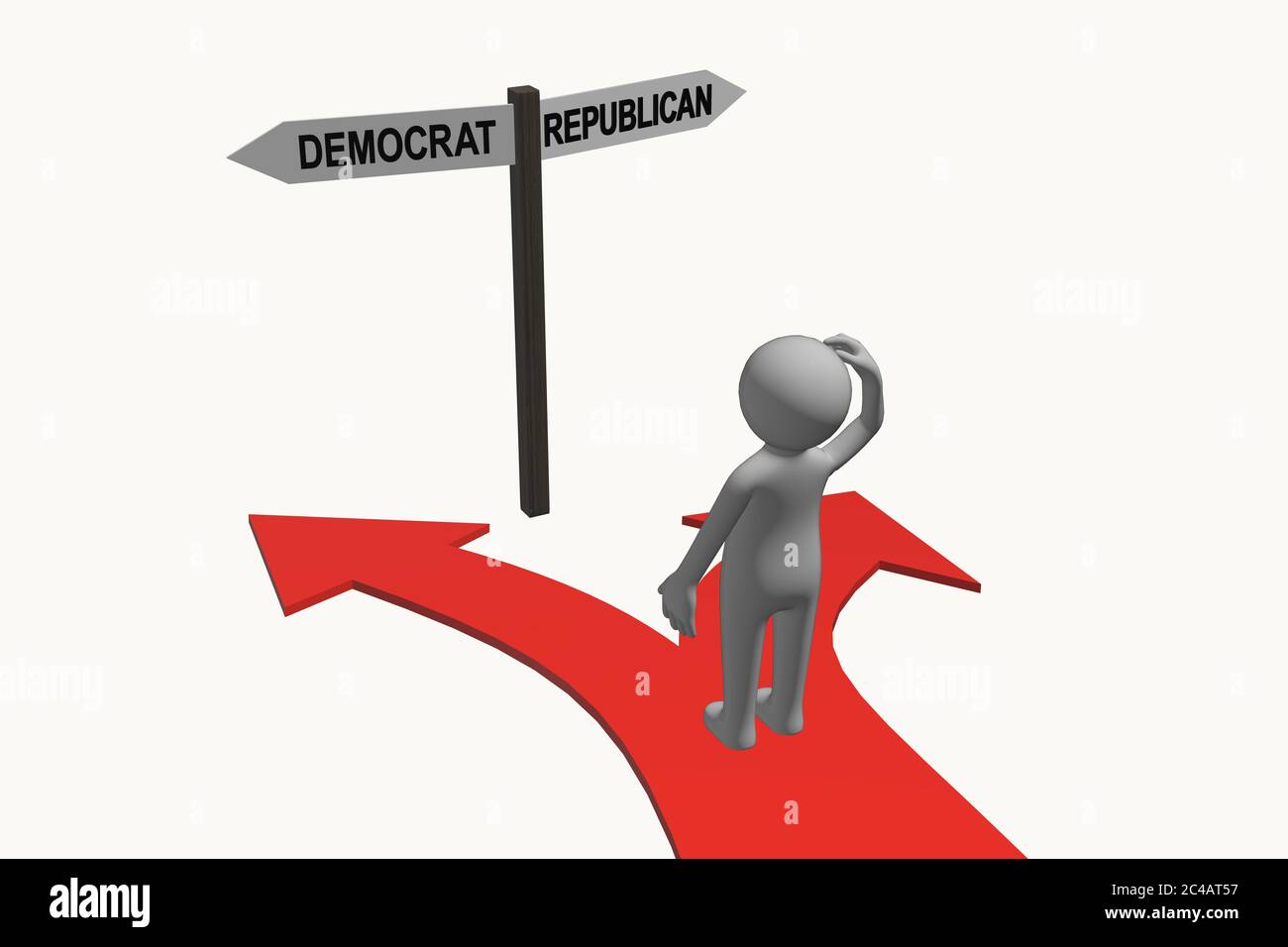 Anonymous 3D character standing at crossroads making a decision / choice concept. Republican democrat presidential or mid term elections signpost sign Stock Photo