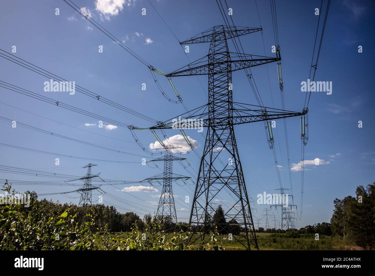 cable route in blue sky Stock Photo