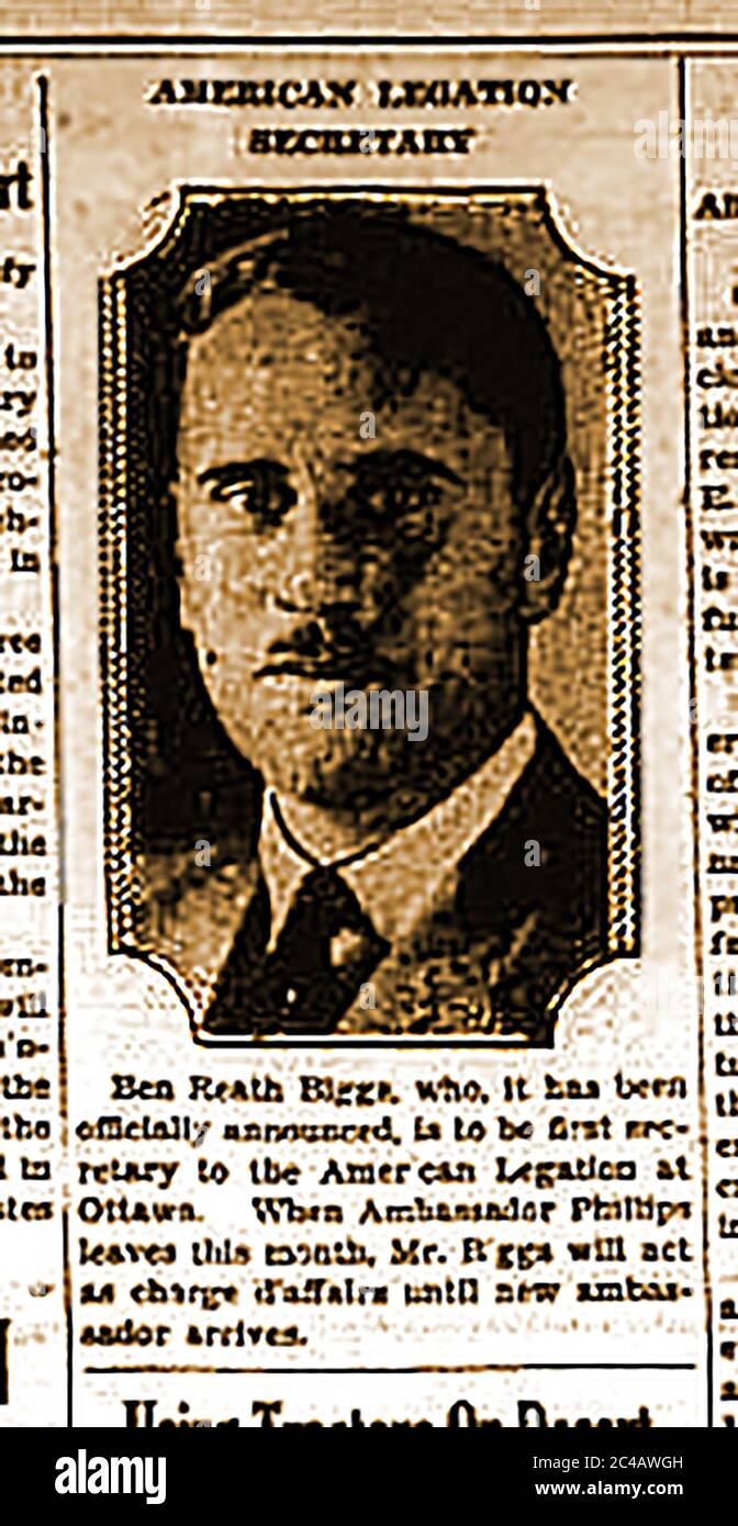 December 1929 news portrait of Ben Reath Biggs 1st secretary to the American legation at Ottawa, Canada.  The practice of establishing legations gradually fell from favor as the embassy became the standard form of diplomatic mission. In 1893, the United States followed the French precedent and began sending ambassadors, upgrading its legations to embassies. The last remaining American legations, in Bulgaria and Hungary, were upgraded to embassies in 1966 Stock Photo