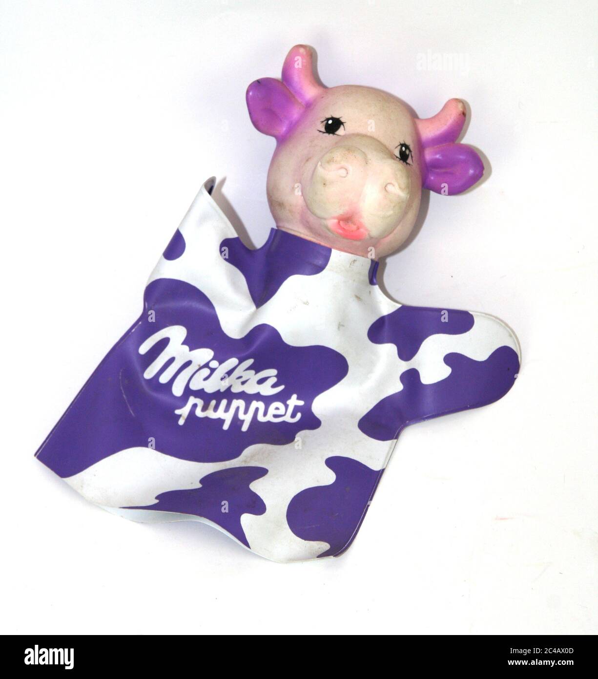 Marionnette vache chocolat Milka annees 80 / Milka chocolate cow puppet 80s Stock Photo