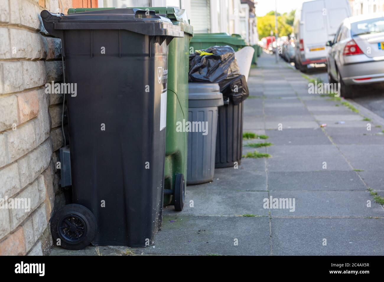 black wheelie bins and green recycling bins outside homes ready for