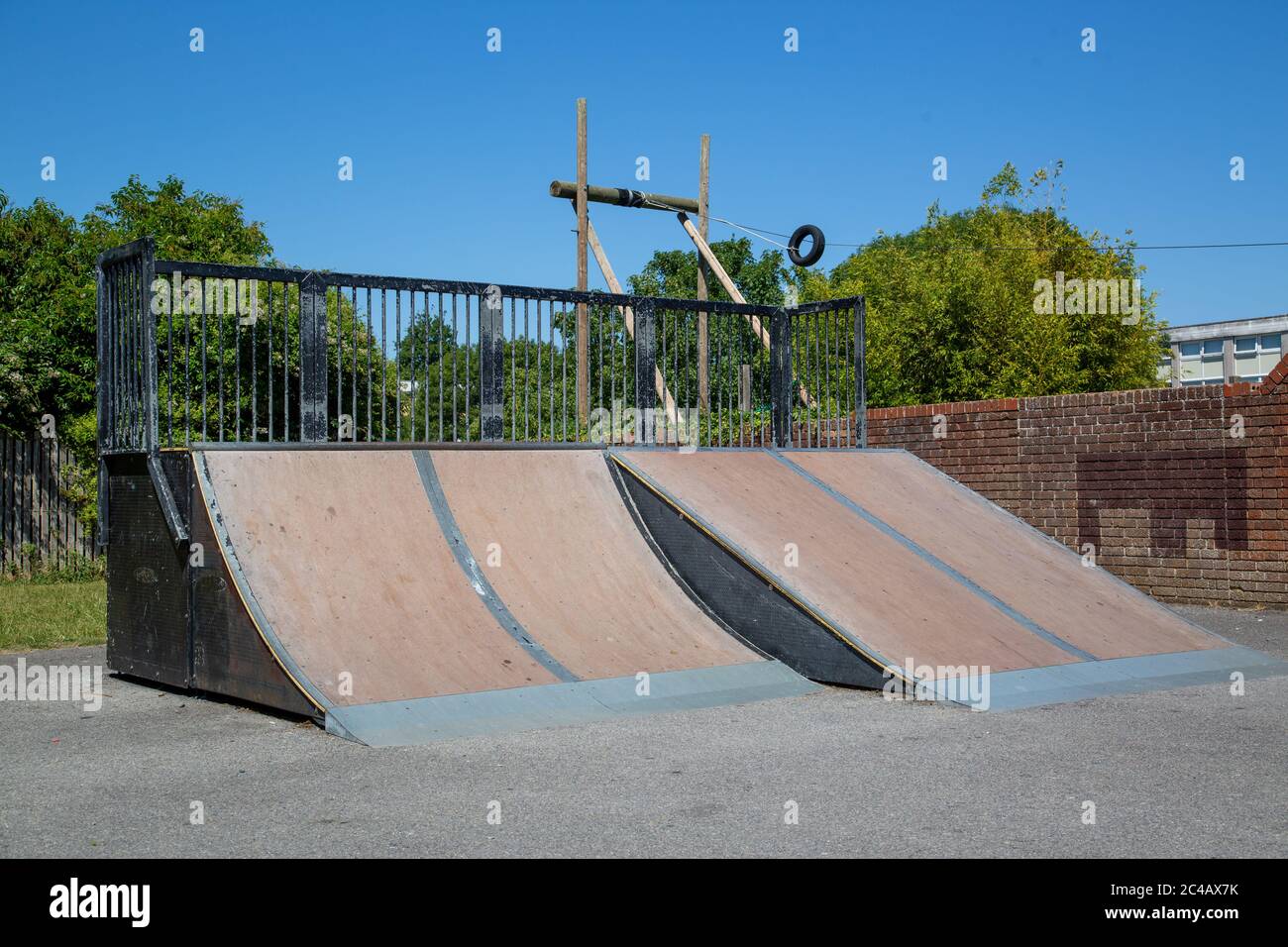 skate ramps in a local park for skateboarding with no people using them  Stock Photo - Alamy