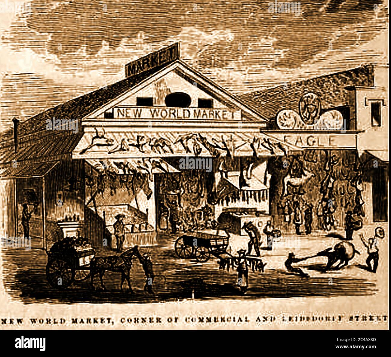 Mid 1800's - The New World Market, Sacramento at the height of the Californian Gold Rush Stock Photo