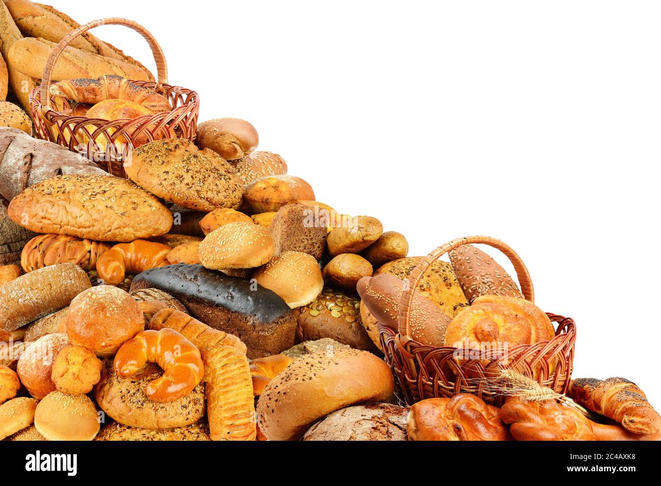 Fresh buns, cookies, croissants and other bread products isolated on white background Stock Photo