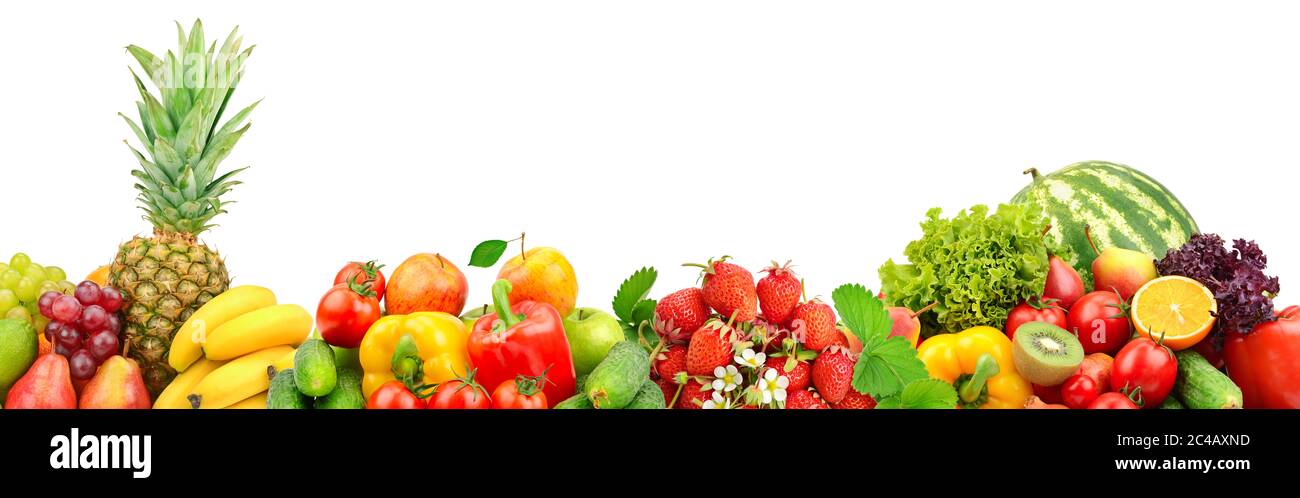 Wide panoramic photo fruits and vegetables isolated on white background Stock Photo