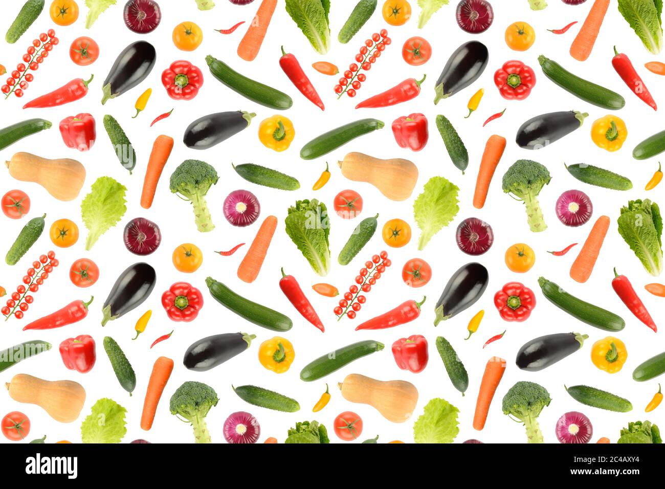 Seamless pattern various vegetables isolated on white background without shadow. Repeating texture Stock Photo