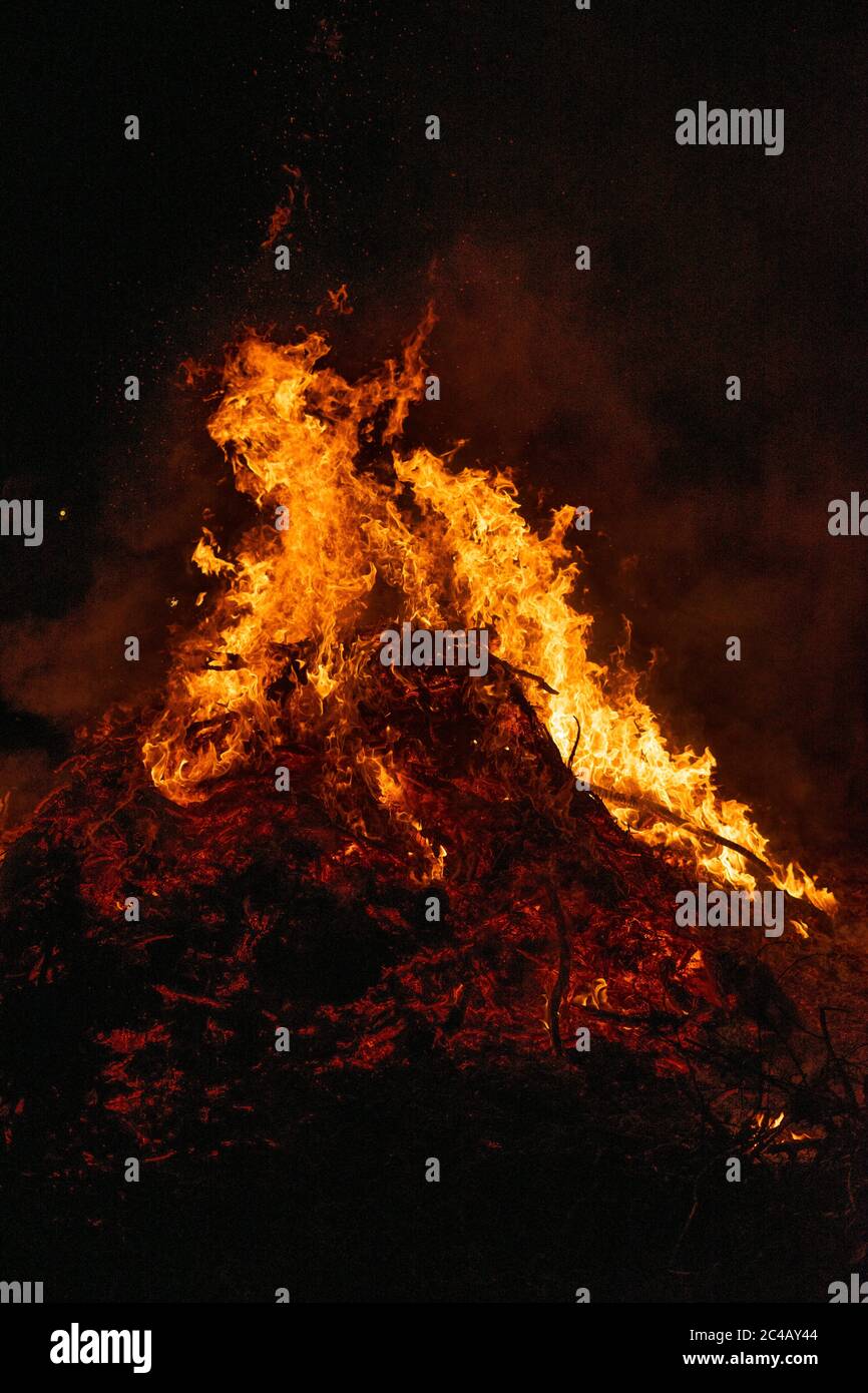 Big bonfire burning in the night. Stock Photo