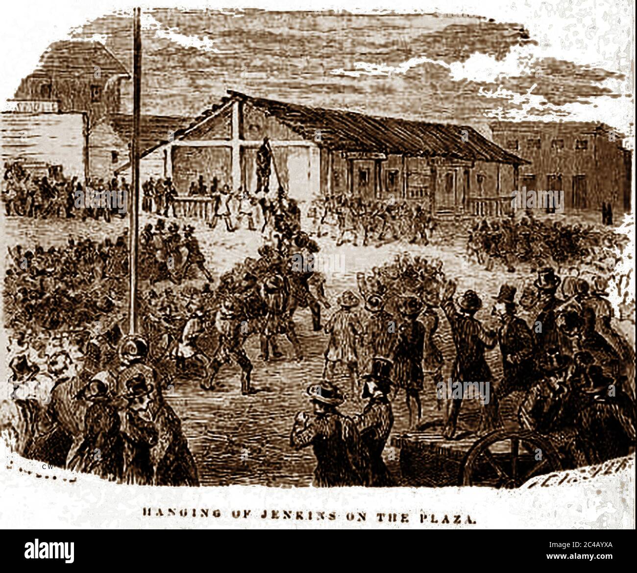 A 19th century public lynching in California (According to the Tuskegee Institute, 4,743 people were lynched between 1882 and 1968 in the United States, most taking place between 1890 and  the 1920s, with a peak year being  1892) Stock Photo