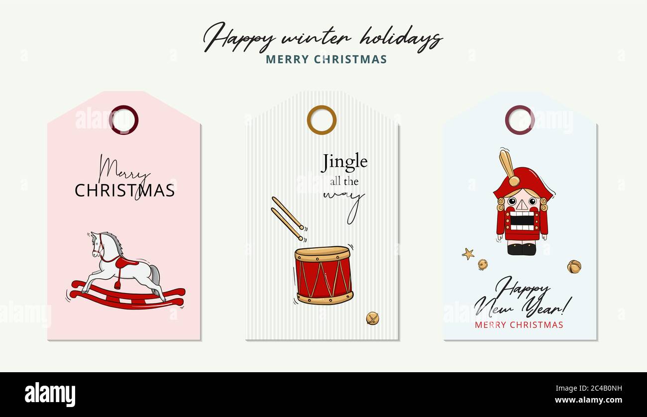 Merry Christmas card tale nut cracker, rocking horse, drum illustration ...