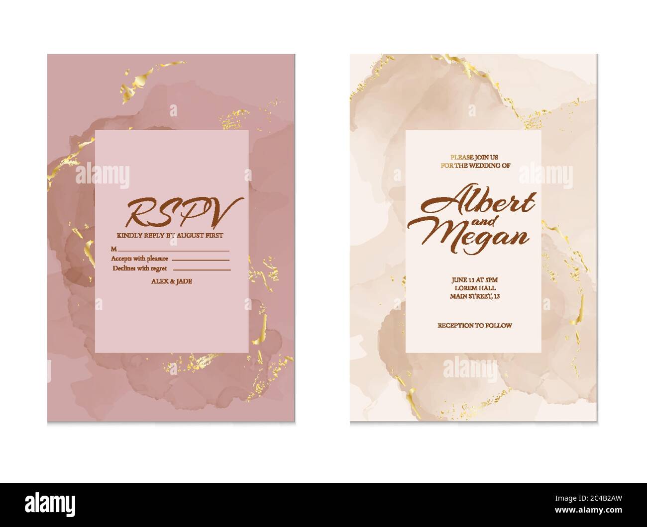 Romantic tender brush stroke watercolor background with glitter foil golden  design for wedding invitation, save the date and thank you cards. With  place for text. Tender rose gold modern template. Stock Vector