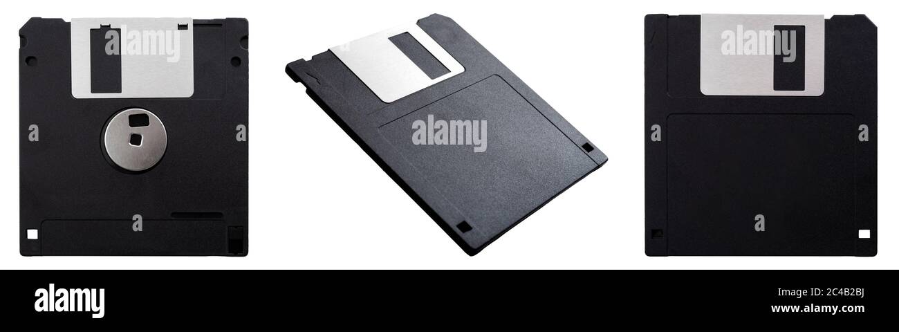 Obsolete data storage technology, retro digital medium and nostalgia concept with a tilted floppy disk isolated on white background from multiple angl Stock Photo