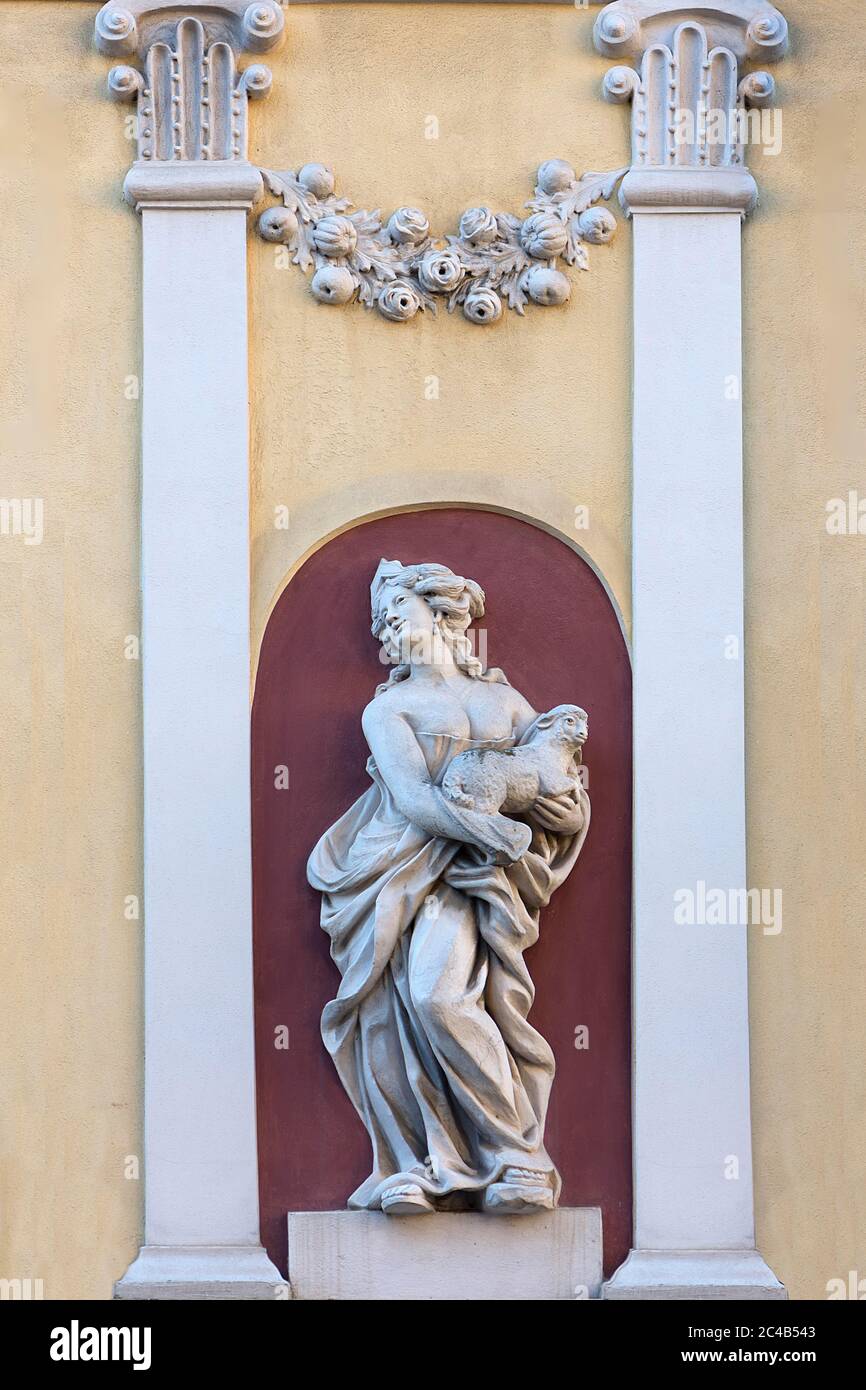 Female sculpture of gentleness, Baroque town house around 1709, Bautzen, Upper Lusatia, Saxony, Germany Stock Photo