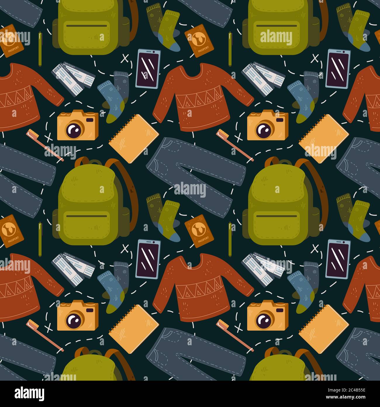 Vector pattern for backpacker, forest, mountain, tourist travel, vacation. Stock Vector