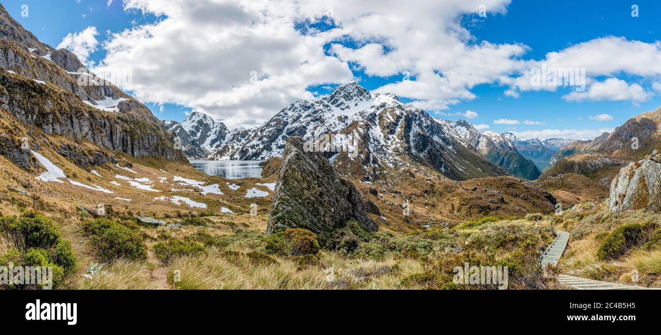 View of Route Burn Valley with hiking trail, Lake Lake Harris, Conical