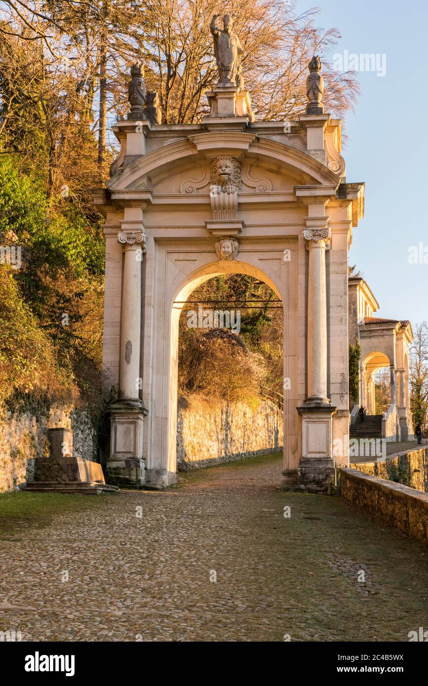 Pilgrimage route with Arco di Sant'Ambrogio, Sacro Monte di Varese, Baroque, UNESCO World Heritage, Varese, Lombardy, Italy Stock Photo