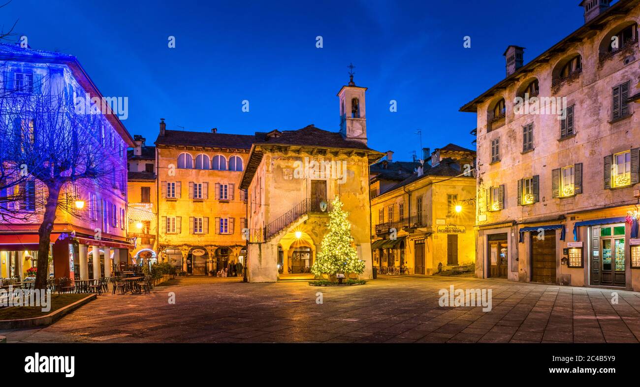 Piazza Motta with the Palazzo Comunale, Orta San Giulio, Lago d'Orta, Province of Novara, Piedmont, Italy Stock Photo