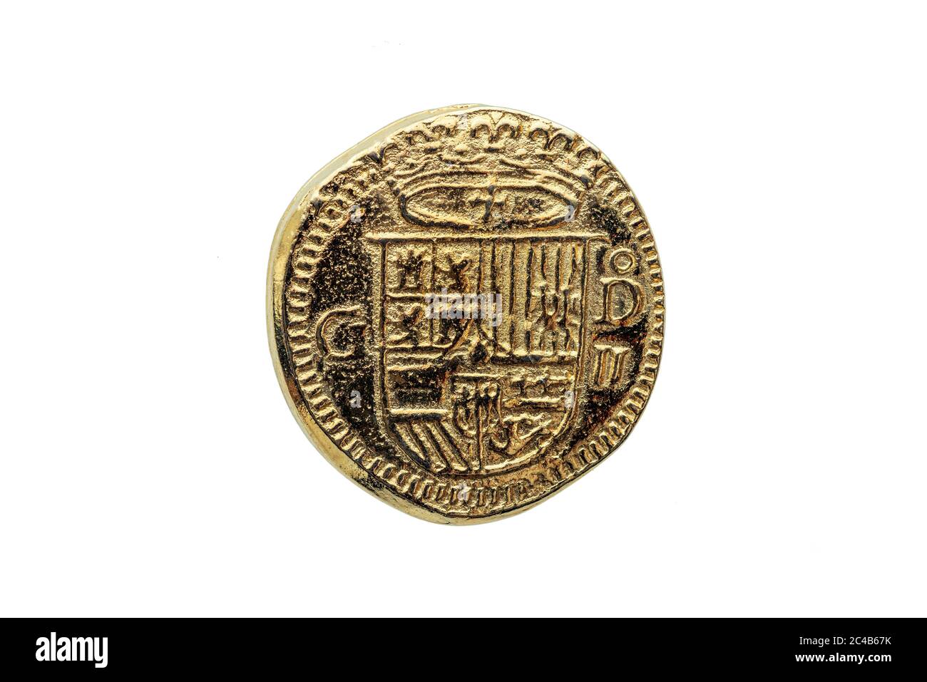 Gold Escudos Coin of Philip II (Felipe II) of Spain Crowned Shield Obverse cut out and isolated on a white background Stock Photo