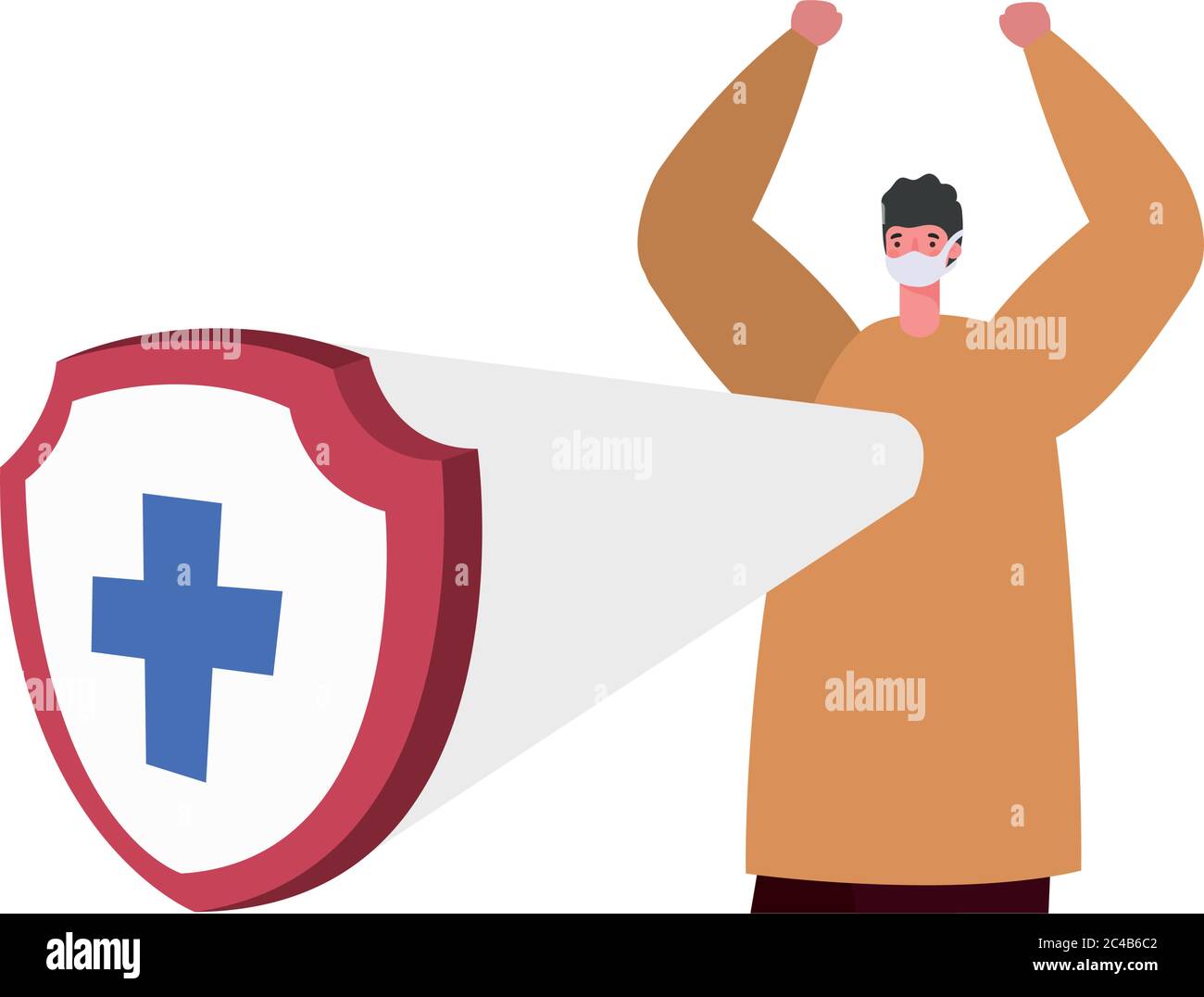 Man with mask and shield with cross design of Fight covid 19 virus and ...