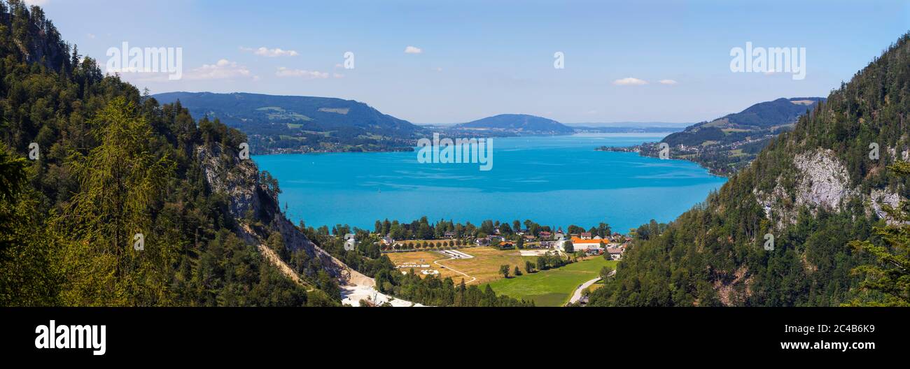 Panoramic view of Weissenbach am Attersee and Steinbach am Attersee, Attersee, Salzkammergut, Upper Austria, Austria Stock Photo