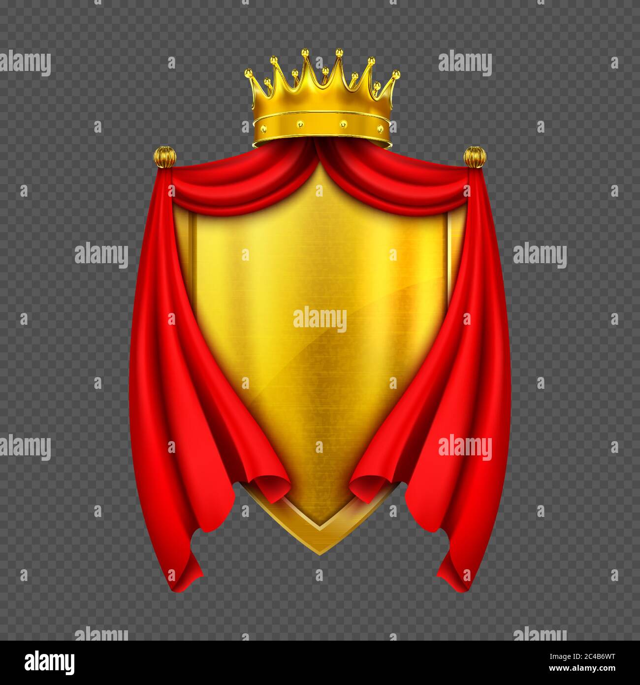 Coat of arms with golden monarch crown, shield and red folded cloth or cape, heraldic royal emblem isolated on transparent background. Medieval gold king emperor sign. Realistic 3d vector illustration Stock Vector