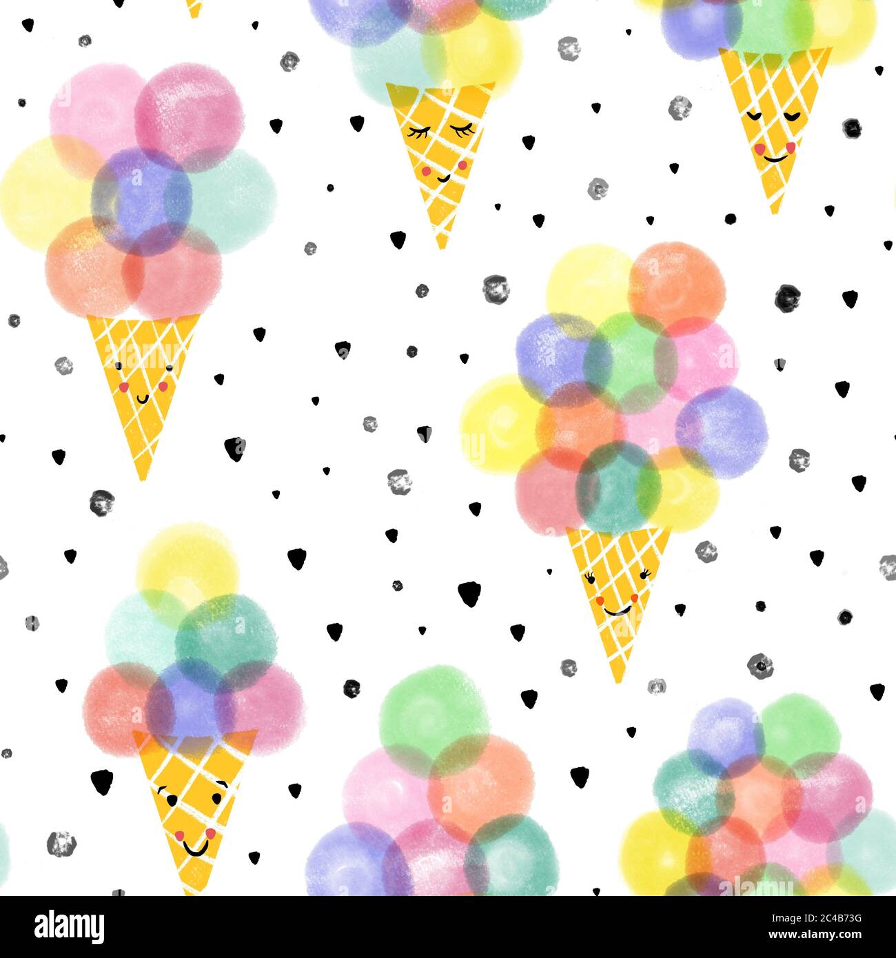 Ice cream waffle cones seamless pattern. Hand drawn cute ice cream with smiling faces repeating background. Cute kids summer pattern for fabric Stock Photo